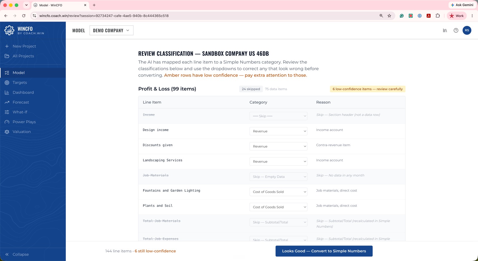 WinCFO account mapping screen showing QuickBooks accounts classified into the Simple Numbers model