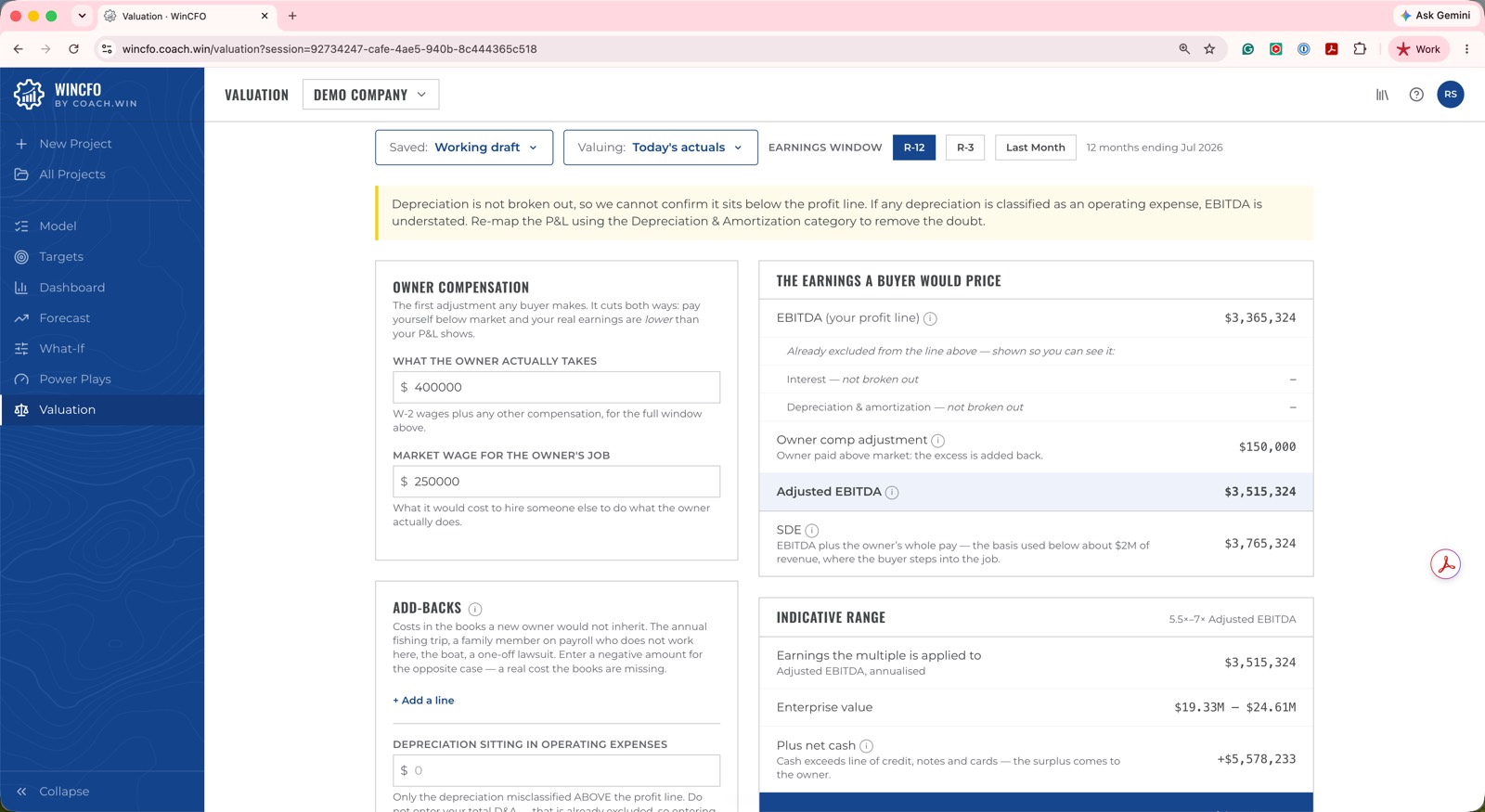 WinCFO valuation workbench showing add-backs, multiples and resulting enterprise value